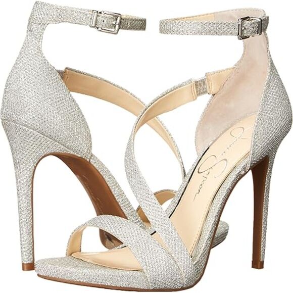 Jessica Simpson Rayli 2 Stilettos Open Toe Evening Sandals Glam SZ 10M:Pre-Owned - Picture 1 of 14